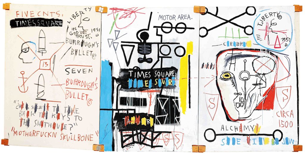 Jean-Michel Basquiat. Five Fish Species, 1983 . Acrilico e pastello a olio su tela montata su tre tavole, cm 169,9 x 356,9. Mugrabi Collection