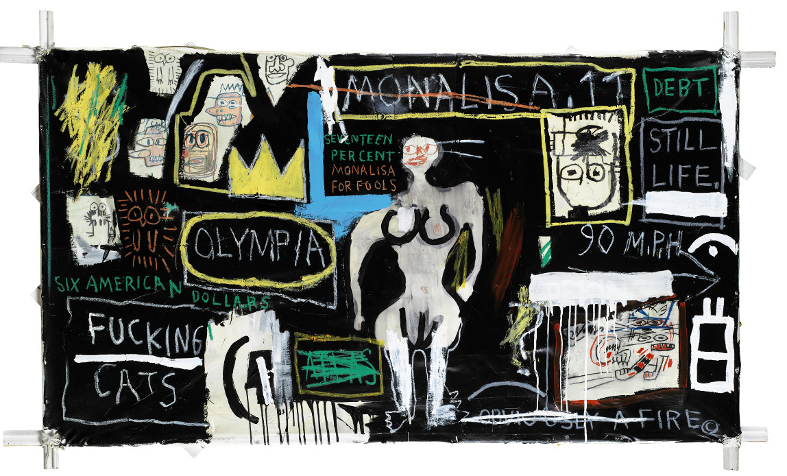 Jean Michel Basquiat. Embittered, 1986. Collage, matita e pittura su tavola, cm 125,7 × 184. Mugrabi Collection