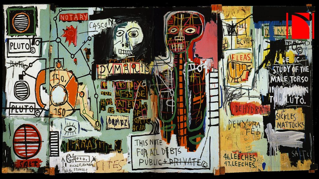 Jean-Michel Basquiat. Notary, 1983. Acrilico, pastello ad olio e collage di carta su cornice lignea, cm 180x401. Collezione Schorr c/o Tony Shafrazi Gallery, New York