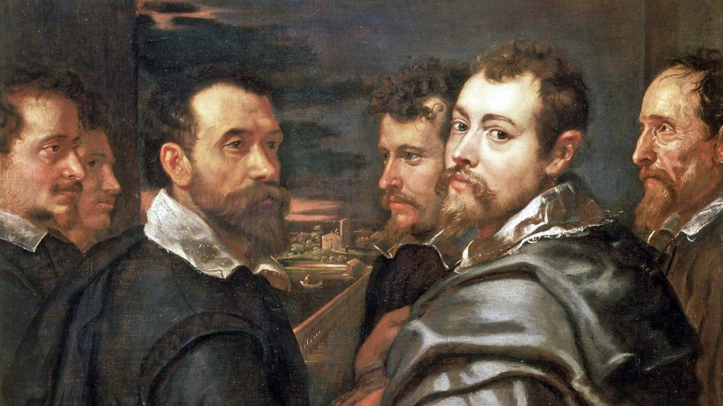 Peter Paul Rubens. Autoritratto con amici a Mantova, 1602-1604 olio su tela, cm 77,51×161. Wallraf-Richartz Museum, Colonia