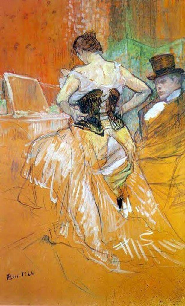 Tolouse-Lautrec. Rivista Elles. Donna in corsetto, 1896. Disegno, gesso, gesso nero e blu, olio su carta, fissato su tela